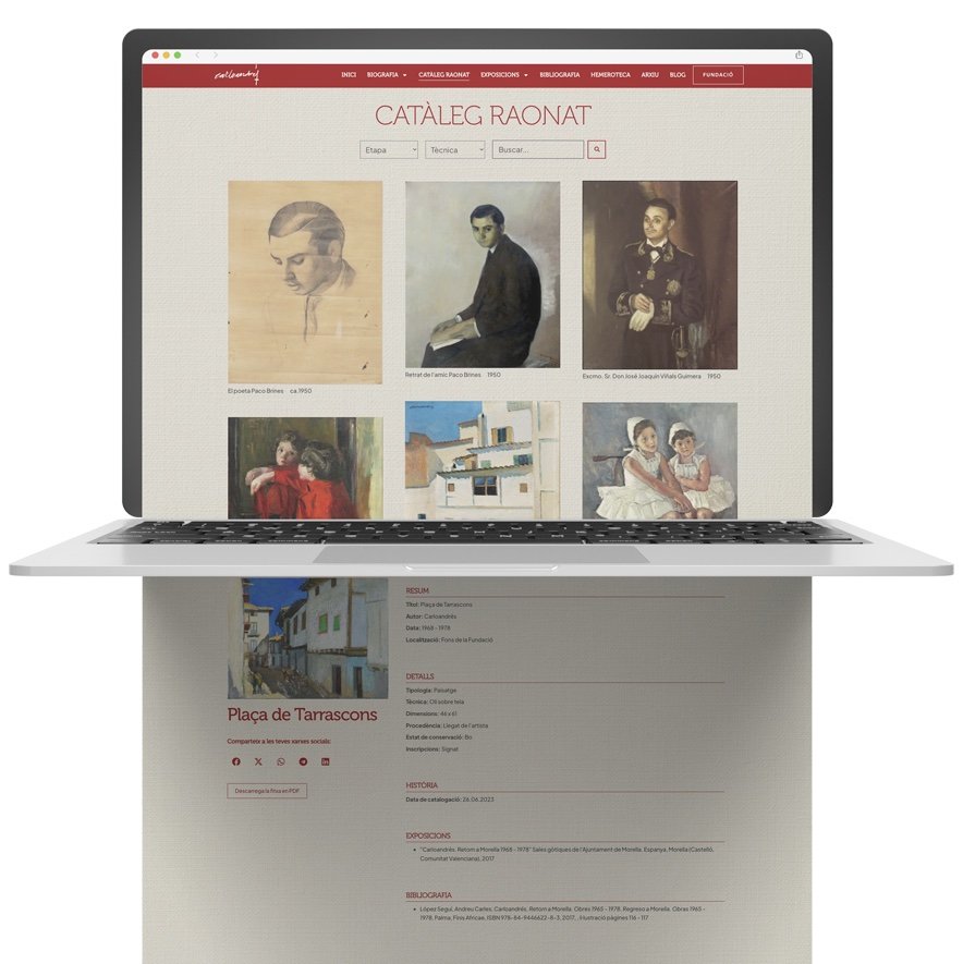 Ficha de obra del catálogo de la Fundación Carloandrés, con sus campos propios y exportación a PDF
